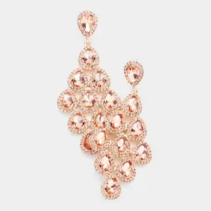 Peach Rhinestone Trim and Teardrop Cluster Vine Pageant Earrings on Rose Gold | Big Prom Earrings |  493646
