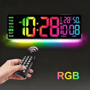 16.5" Modern Square Metal Digital Wall Clock - U-Shaped RGB LED Strip, Remote Control, Alarm, 12/24Hr Display, Date, Week, DST, Timing, Countdown, Temperature - for Living Room, Office Decor, Digital Clock