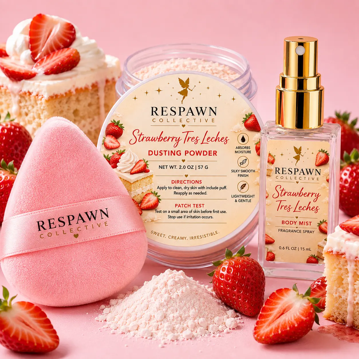 Strawberry Tres Leches Dusting Powder With Layering Perfume Body Mist & Powder Puff Set