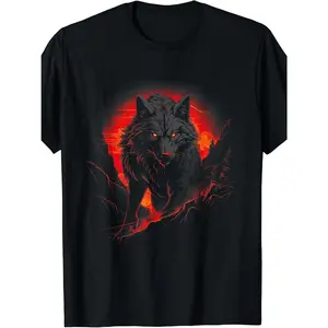 Men'S Retro Black T-Shirt Featuring a Wolf Design, Made from 100% with a Weight of 180G. It Has a Crew Neck And Short Sleeves, Available in Sizes S to 3XL. Soft And Breathable, Perfect for Summer Outdoor Activities And Nature Lovers