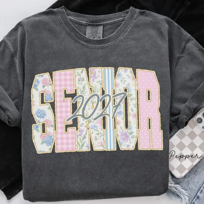 Floral Senior 2027 Girls Comfort Colors T-Shirt, Class of 2027 Tee, Graduation Matching School Shirt, Graduation Gift, Class Of 2027 Shirt, High School Senior Tee, Graduation Shirt, Full Size, Full Color