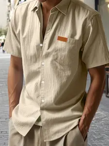 Men's Linen Short Sleeve Button-Up Shirt, Loose-Fit Casual Shirt with Pockets, Plain Style, Comfortable and Stylish Summer Top