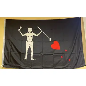 Funny Blackbeard Pirate Flag 3x5 FT Tapestry Wall Double Sided Flag with Brass Grommets 4 Row Stitching, Hanging, Skeleton with Crown Spear and Red Heart Historic Jolly Roger Banner, Pirate Decor for Bar Pub Party Dorm Man Outdoor Indoor Decoration Gift