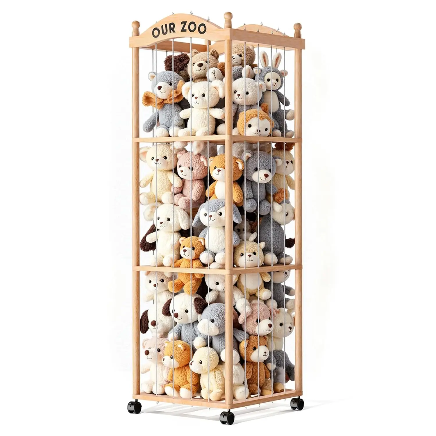 Stuffed Animal Storage Tower, Large Capacity Wooden Stuffed Animal Holder with Wheels, Space-Saving Toy Storage Organizer, Stuffy Plushies Storage for Nursery, Playroom & Bedroom