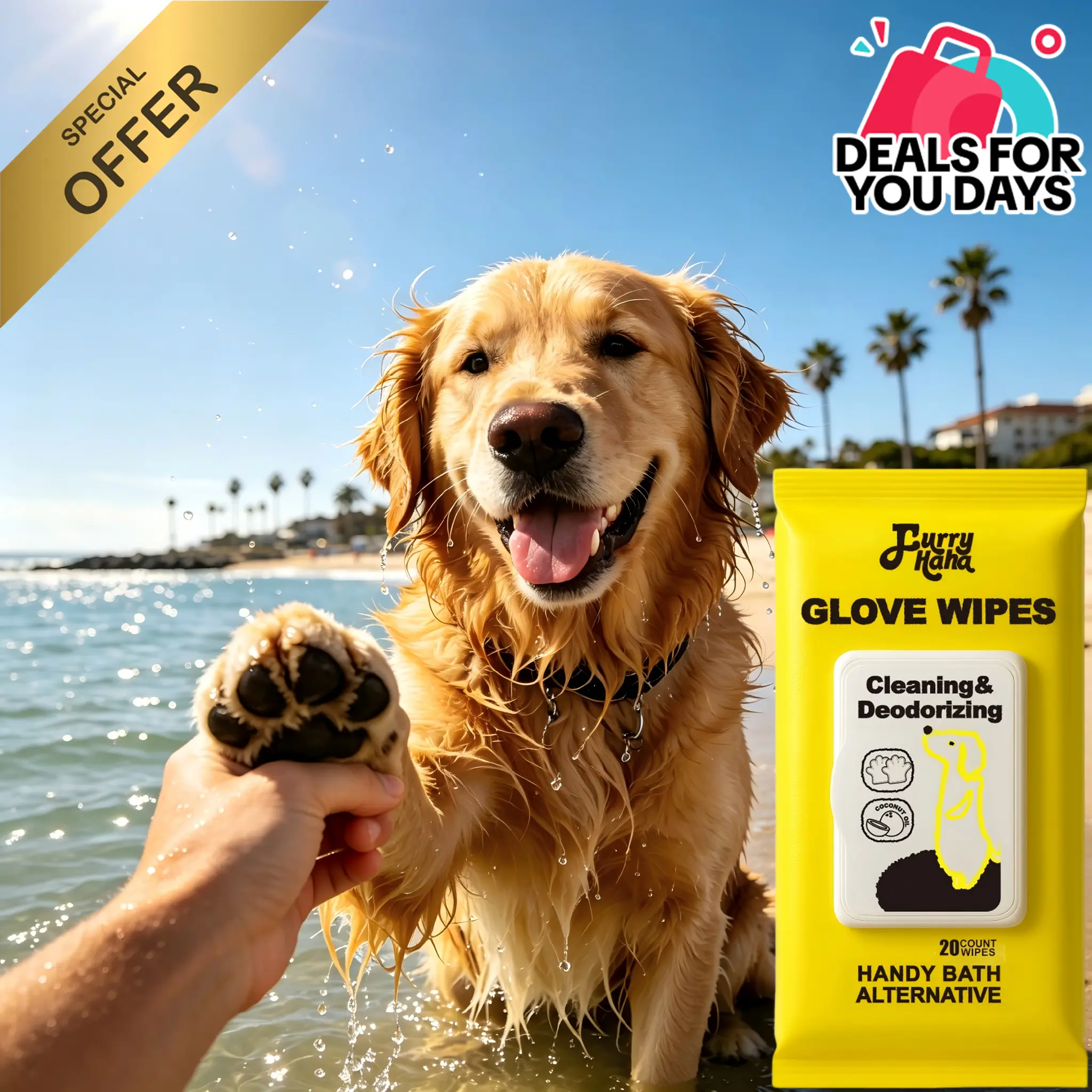 Natural Ingredients PRO Pet Wipe Gloves, No-Rinse Bathing & Deodorizing Grooming for Dogs & Cats, Extra Thick Glove-Fit, Alcohol-Free Hypoallergenic Eco-Friendly 20pcs Daily Care Travel Cleaner, Clean