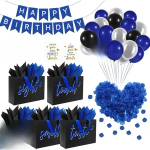 Gifting & Decorations Set - Black with Blue Lettering, Includes Bag, Labels, Tissue Paper, Banner, Balloons, Rose Petals, Envelope, Card, for Birthday, Gifts for Him, Boyfriends, Black - Blue Lettering