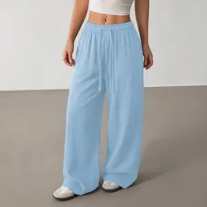 Women’s summer solid-color casual pants, couple design loose wide-leg trousers, versatile pairing, lightweight breathable drawstring long pants—fashionable and easy to match for vacations and everyday wear, 100% polyester fiber.
