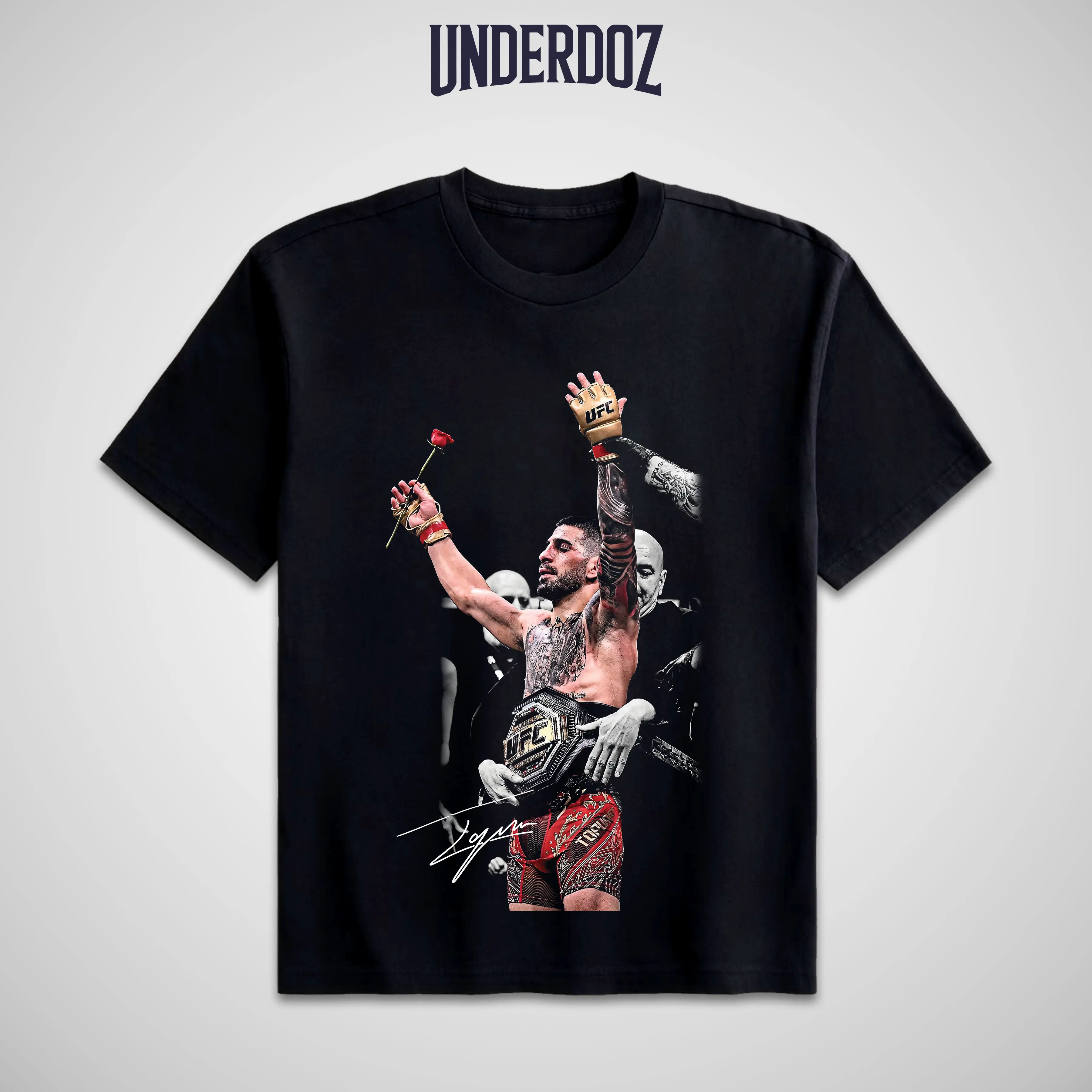 UNDERDOZ Men's Short-Sleeve Round Neck Ilia Topuria UFC Champion Graphic T-Shirt - 100% Soft Cotton Menswear, Bold Graphics, Casual Fit Sports Apparel for MMA Fans