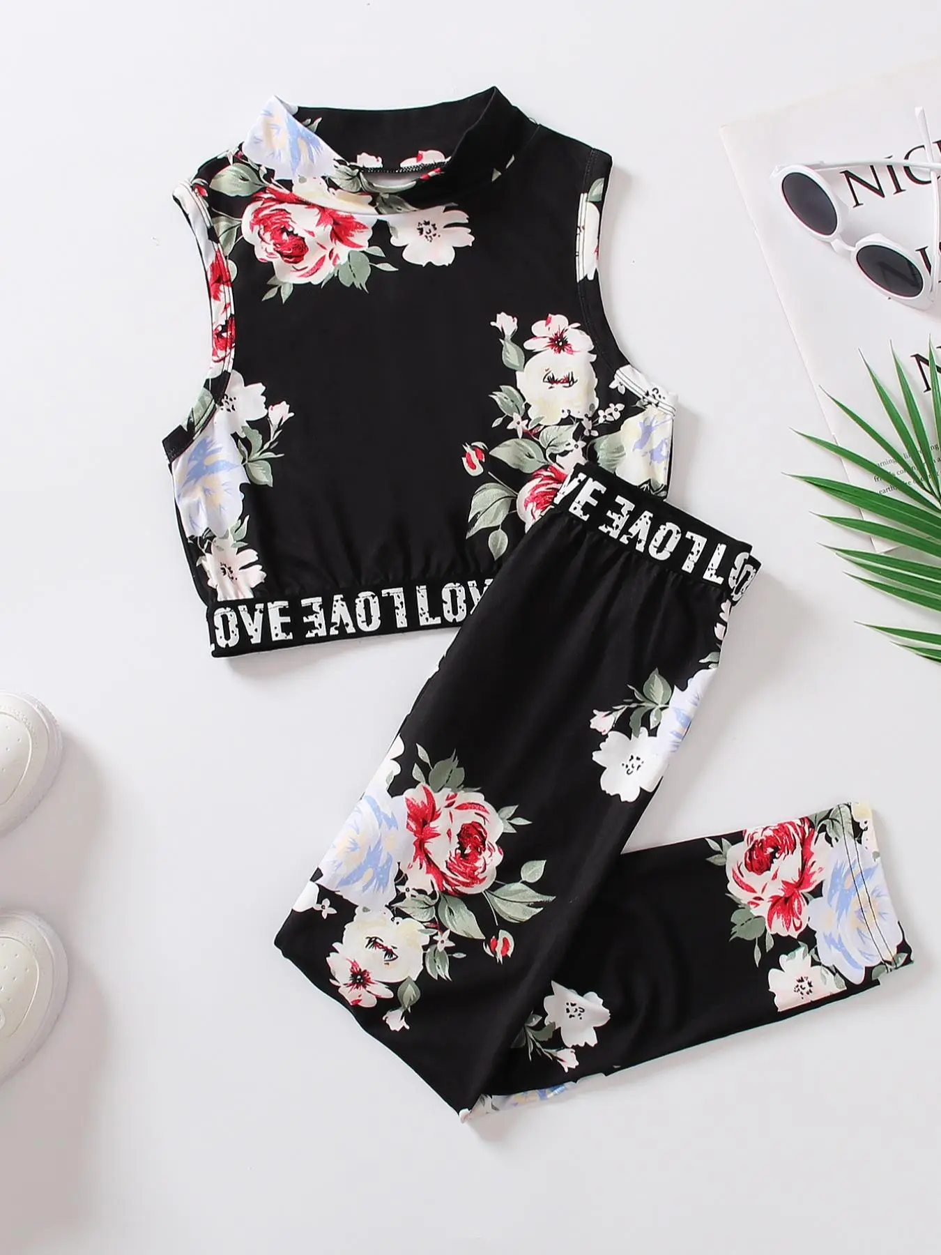 Girl's Floral & Letter Print Summer 2 Piece Tank Top & Pants Set, Casual Mock Neck Tank Top & Straight Leg Pants, 2pcs Outfits Set For Little Girls Da