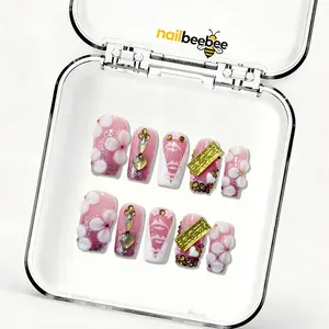 NailBeeBee｜10PCS 100% Handmade Press-On Nails｜D149 1.0 Inch｜Reusable Colorful Art Acrylic Stylish｜Pink Coquette Floral & Gold Jewel