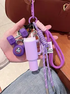 Trendy Gym-Themed Keychain Charm Set with Purple Tumbler, Dumbbell & Kettlebell Pendants, Braided Rope Carabiner, Durable Key Holder for Fitness Fans, Daily Commute & Gym Bag Accessory, Perfect Gift for Workout Lovers