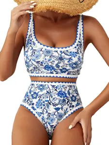 Women's Bikini Sets Floral Print Whip Stitch 2 Piece Swimsuits High Waisted Scoop Bathing Suits