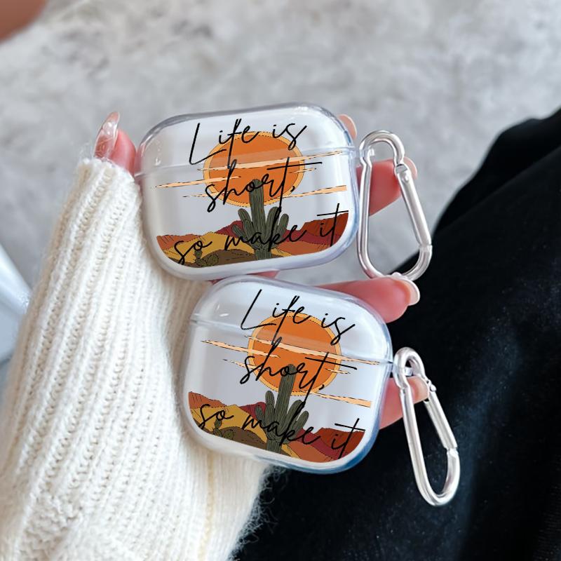 Cactus and Sundown Pattern TPU Soft Protective Case for Apple AirPods 4/3/2/1/Pro/Pro2 Transparent Earphone Cover with Keychain Attachment