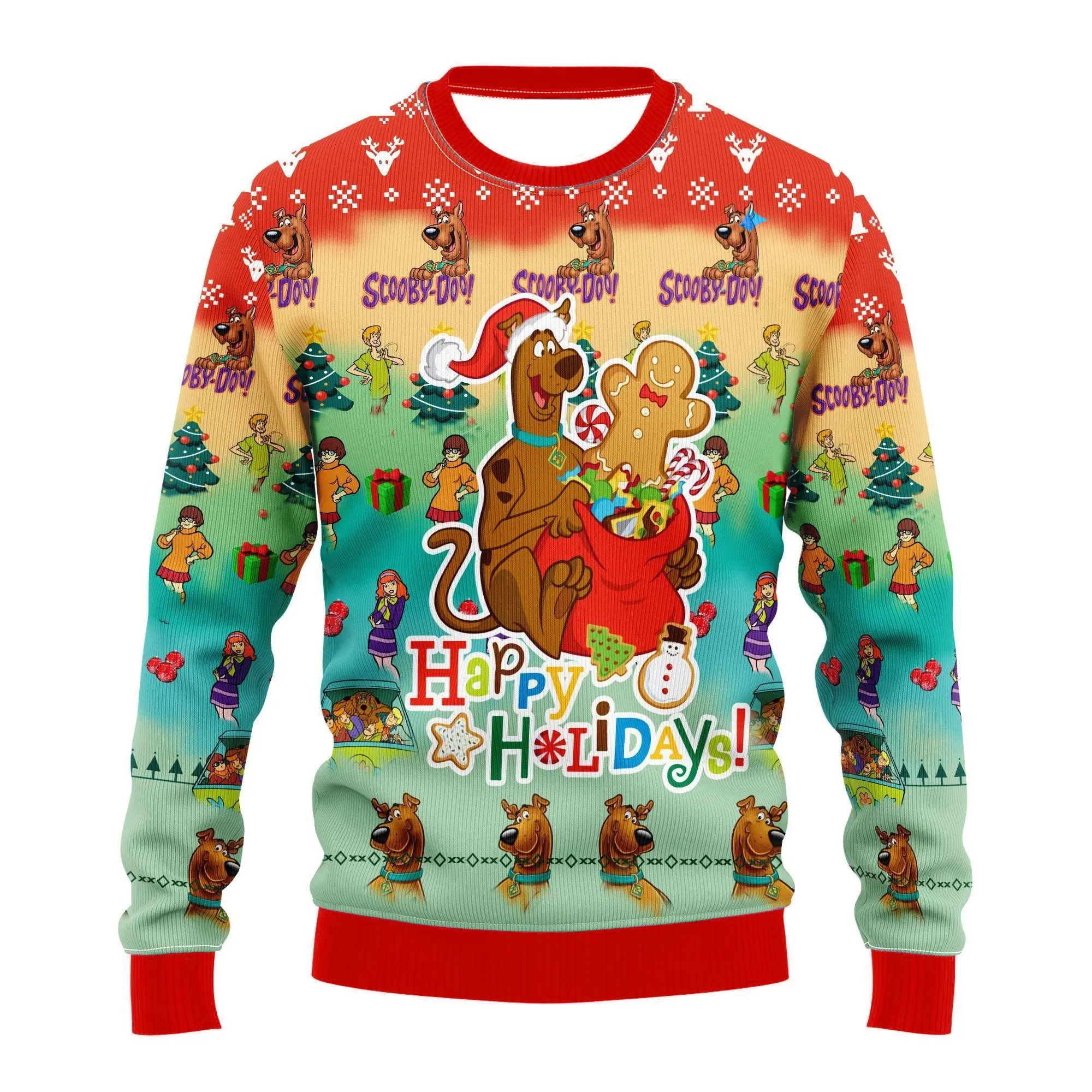 Scooby Doo Ugly Christmas Sweater 3D Happy Holidays Santa Gingerbread Cartoon Funny Xmas Pullover Unisex Streetwear Casual Oversized Warm Sweatshirt Men Women Fall Winter Gift