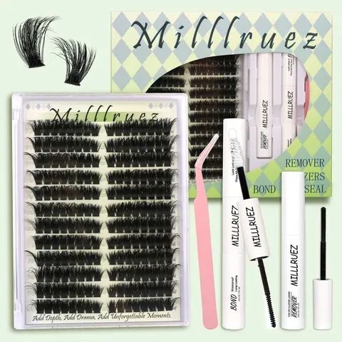 Beginner-Friendly All-in-1 Cluster Lashes Kit Bundle, Cosmetic False Lashes & Adhesives Accessories Kit with Eyelash Extension Glue, Waterproof Bond-Seal for At-Home Makeup, Girl’s Gift