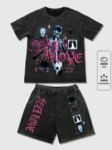 Y2K Cyber Grunge Skeleton Graphic Shorts Set Men’s Vintage Acid Wash Oversized T-Shirt and Shorts Co-ord Dark Aesthetic Streetwear Menswear for Summer Music Festivals