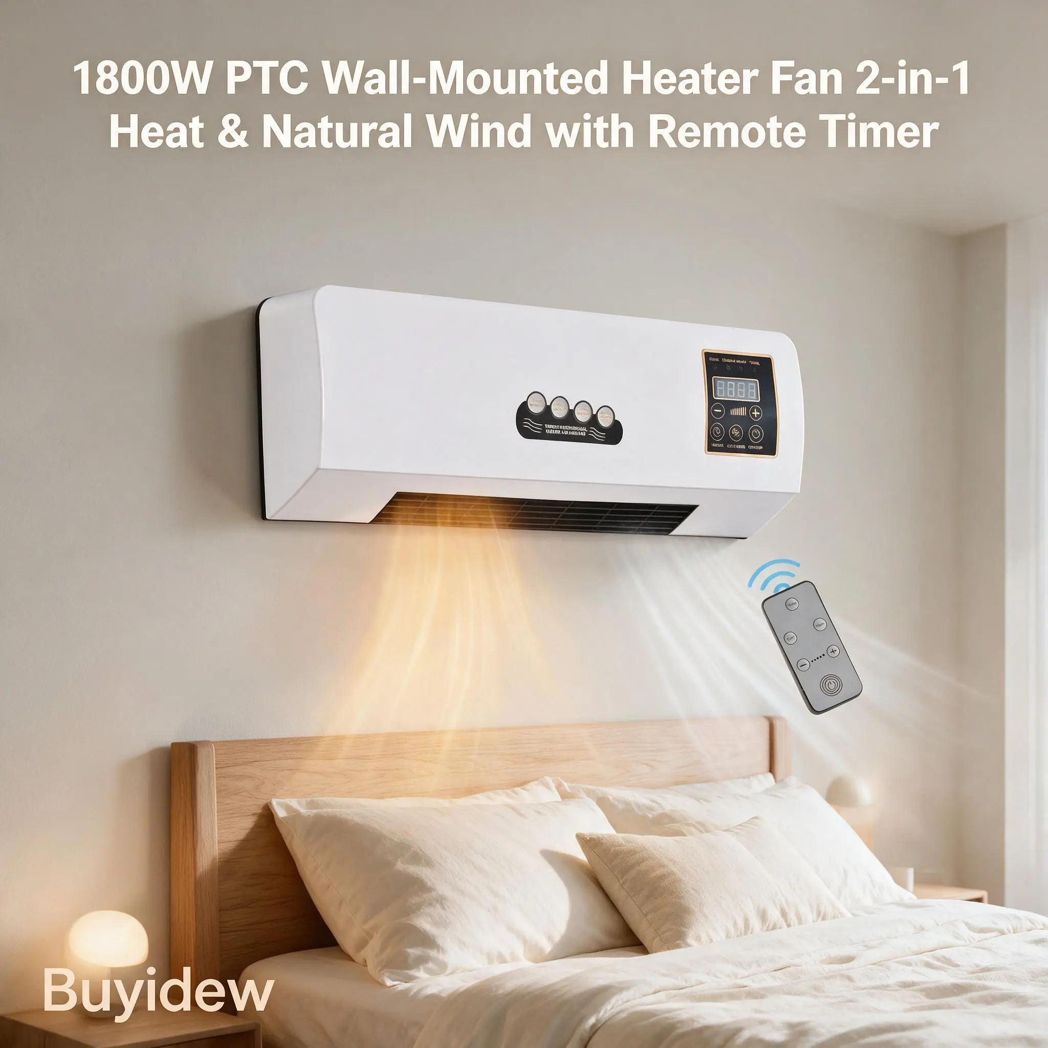 2-in-1 Wall Mounted Space Heater Fan with 1800W PTC Ceramic Heating, 0-6 Hours Adjustable Timing, Digital Display, Adjustable Nature Wind, Silent Mode, Heat & Cool, Slim Profile, 21.65in×7.48in×3.15in, for Home Office, Ptc Fast Heating, Wireless Remote Sw