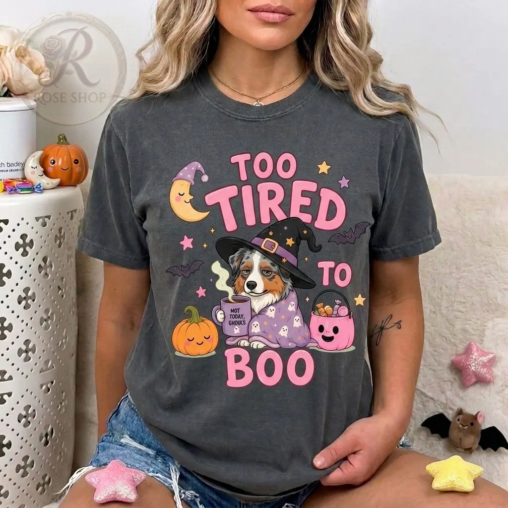 Custom Dog T-Shirt 50+ Just A Spooky Dog Halloween Shirt, Too tired for spooky fun, Cute Halloween Dachshund Tee,  Spooky Season Dog Lover Gift | Halloween Puppy Comfirt Color Peper Shirt