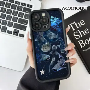 Starry Whale Shark Collage TPU Case for iPhone 17 16 E Pro Max 15 Plus 14 13 12 11 XS XR Straight Edge Drop-Resistant Rugged Protective Cover Shell