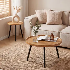 2 PCS Round Coffee Table Set, Modern Nesting Coffee Table with Metal Legs, Circle Wood Center Table, Accent Cocktail End Table for Living Room Bedroom Office