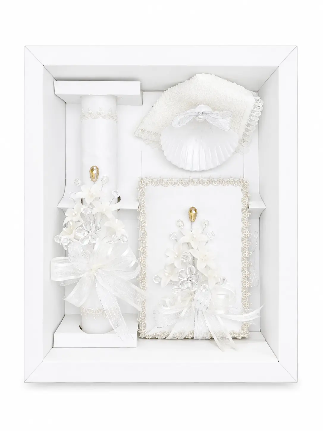 5-Piece Baptism Candle Set | Crystal Floral Gold | Bible Shell & Rosary