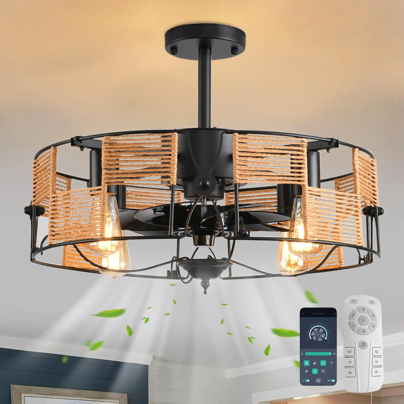 Garwarm 19.6in Caged Ceiling Fan with Light, Boho Rattan Flush Mount Ceiling Fan, Farmhouse Fan Lights Ceiling Fixtures for Kitchen, Bedroom