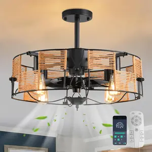 Garwarm 19.6in Caged Ceiling Fan with Light, Boho Rattan Flush Mount Ceiling Fan, Farmhouse Fan Lights Ceiling Fixtures for Kitchen, Bedroom