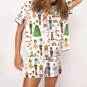SHESHOW - Christmas Nutcracker Pajama Set For Women Print Comfy Satin Sleepwear & Loungewear Pjs Printing Silky Top & Bottoms - Without Bottom Pockets