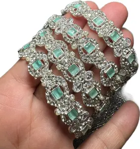 Crystal Bead Bangle Stack 4-Piece Fashion Costume Jewelry Set with Gemstones and Rhinestones for Elegant Look