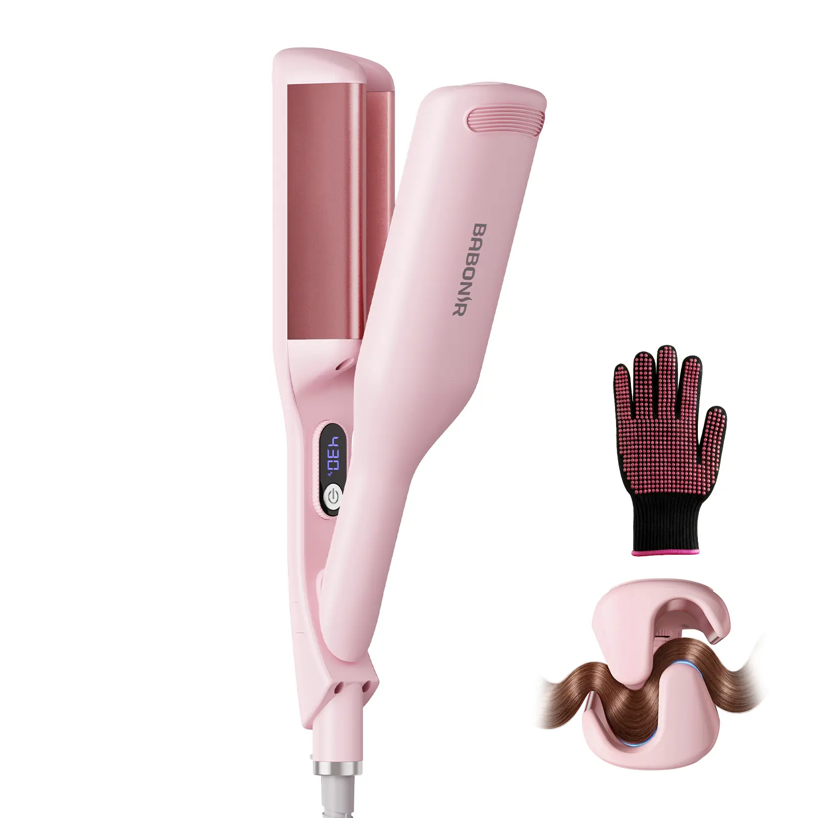 BABONIR Curling Iron Hair Crimper Waver, 1.3 Inch 2 Barrel Hair Waver for Women, Ionic Ceramic Deep Wave Curling Iron for Beach Waves, Fast Heating, Anti-Scald Design, Dual Voltage, Easy to Use, Pink