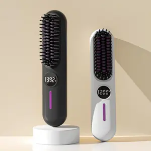 2-in-1 Cordless Hair Straightener Brush - USB Rechargeable Styling Iron for Frizz-Free Straightening & Curling Scalp Massage, Travel-Friendly (Black)