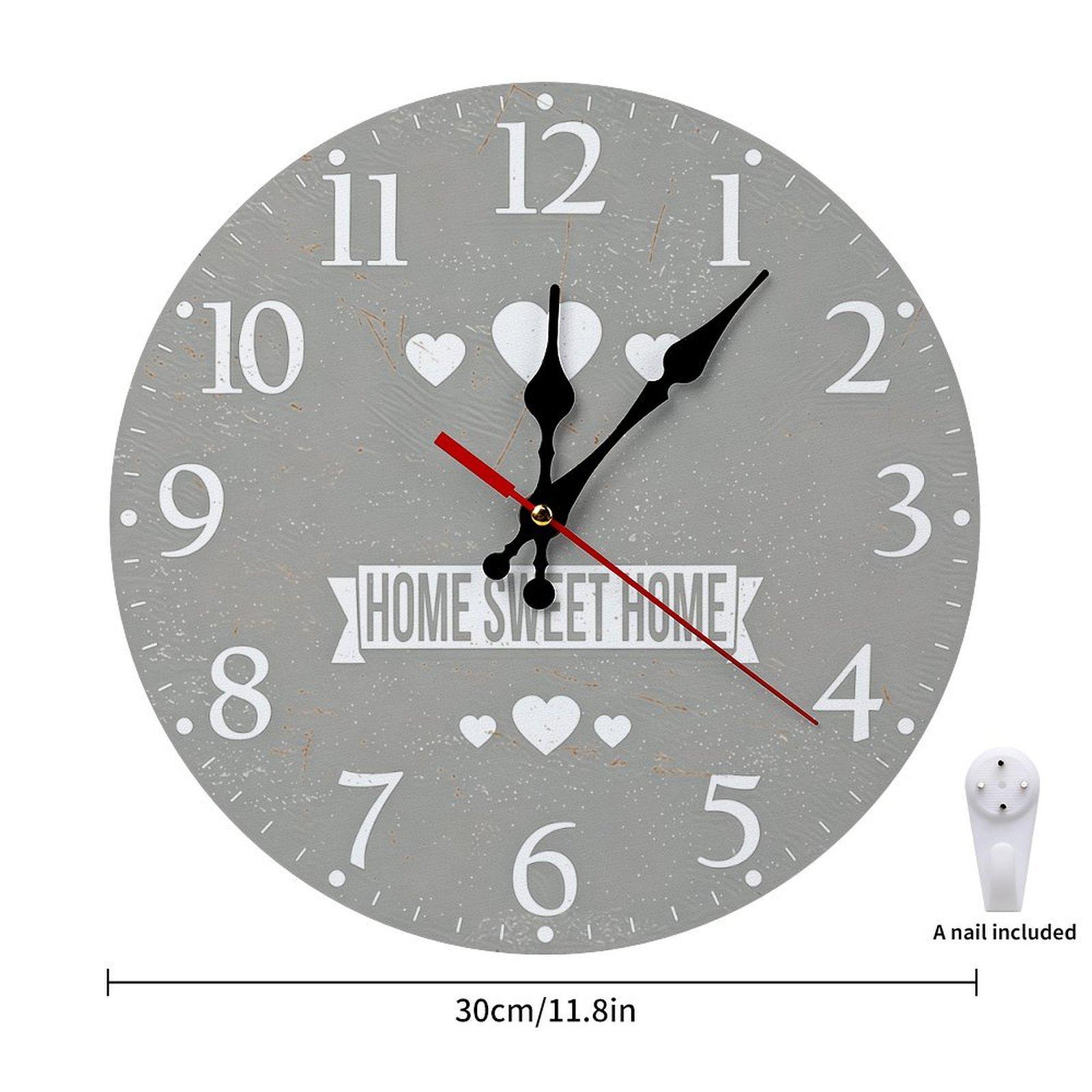 Grey Home Sweet Home Wooden Wall Clock |12 Inch Silent Sweep Movement Heart Design for Living Room, Bedroom, Entryway Decor,  Battery Not Included