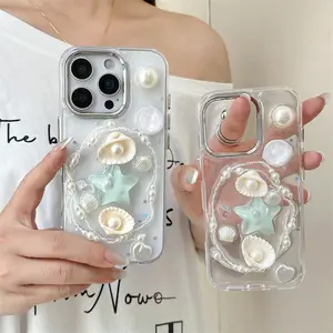 Sparkling transparent dispensing beautiful three-dimensional pearl sea shell phone case for iPhone 11 12 13 14 15 16 pro max