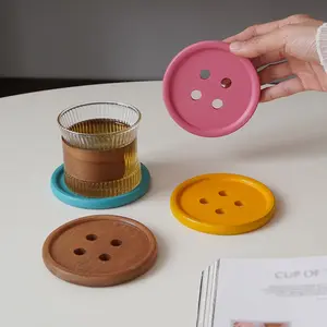 5pcs Colorful Button Cup Mats, Coasters with Iron Stand, Wooden Collector, Coffee Cup Holder, Insulating Mat, Home Decor, Gift Idea
