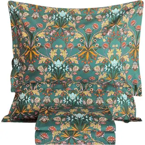 100% Cotton Floral King Size Sheets Set Deep, Vibrant Paisley Flowers Printed on Green Pattern Bedding Sheets for King Size Bed Botanical Bed Sheets