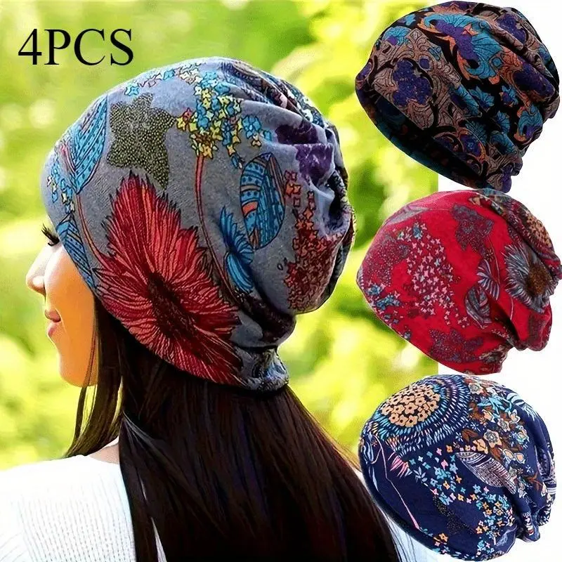 Bohemian Floral Knitted Hats Set - 4 Pieces Warm Elastic Chemotherapy Hats Lightweight Multifunctional Headscarf for All Seasons Gift Idea - Style