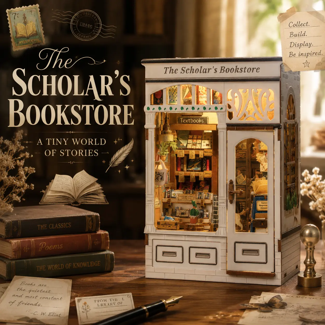 CUTEBEE The Scholar’s Bookstore DIY Book Nook Kit, 3D Wooden Miniature House Bookshelf Insert, Creative Model Building Set & Gift for Adults
