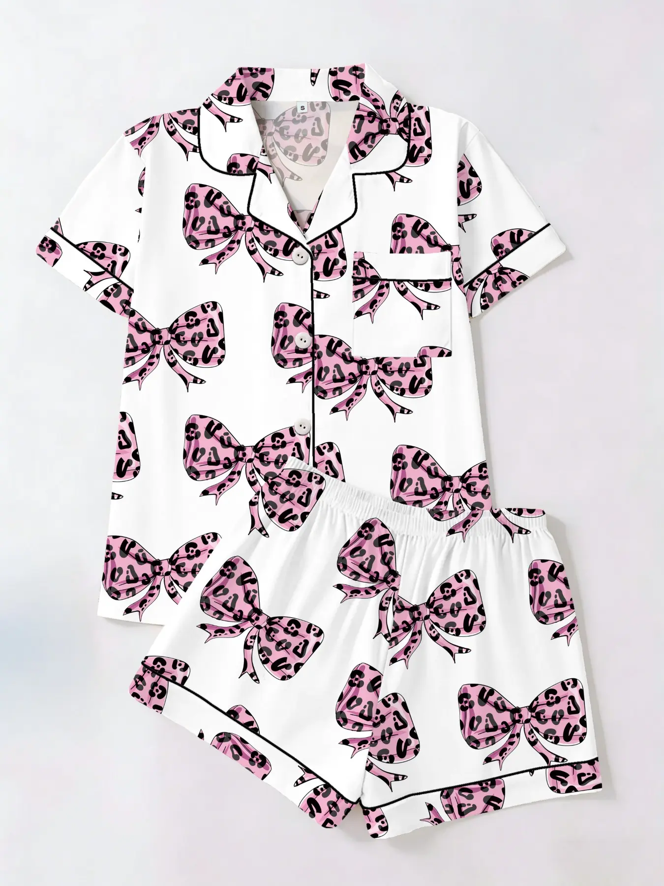 Tiktok Trendy Dopaamine Girl, Colorblock Leopard Bow Printed Short Sleeve Shirt Shorts Set, Casual Fitted Two-Piece Suit for All Seasons Nightwear Pajama Loungewear