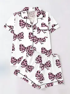 Tiktok Trendy Dopaamine Girl, Colorblock Leopard Bow Printed Short Sleeve Shorts Set, Casual Fitted Two-Piece Suit for All Seasons Nightwear Pajama Loungewear
