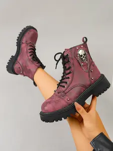 Y2K Punk Boots, Skull Chain Rivet Design, PU Leather, Rubber Sole, Above Ankle, All Seasons, Retro Vintage Style, Streetwear Fashion
