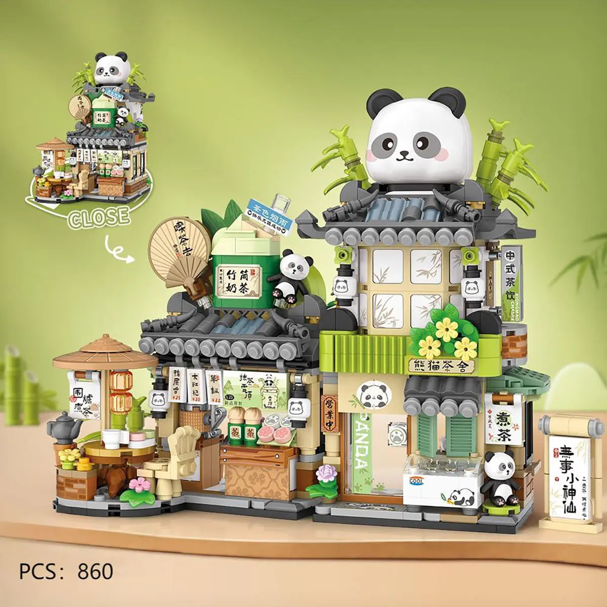 City Cafe Panda Teahouse Building Blocks Toys, Model Building Kits, Openable Panda Construction Tea Shop Building Toys, Mini Street Scape Building Blocks, Creative Brick Box Street View, Gift, Building Module Set, Building Block Kit