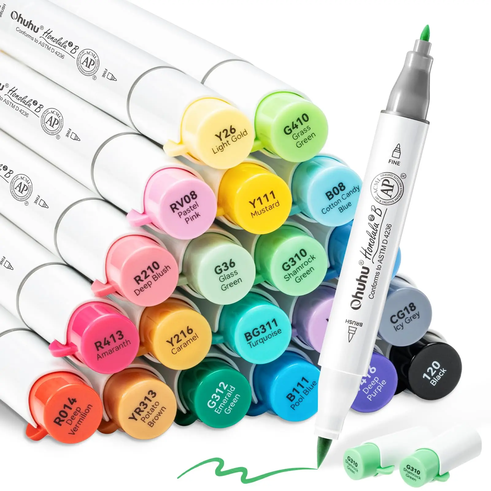 Ohuhu Alcohol Markers: Brush & Fine - 24 Colors for Adults Coloring Refillable AP Certified Refillable Art Marker Set Dual Tips Alcohol-based for Artist Beginner Drawing Illustration Sketching - Honolulu 2B Series of Ohuhu