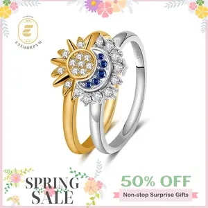 Sun & Moon Ring Rhinestone Band White/Golden Metal Coating Romantic Gift for Couples Weddings Anniversaries