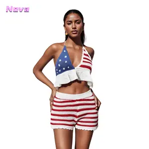 Lady's 2-Piece Sleeveless Polyester 4th of July Knit Outfits - Halter Neck Ruffled Tank Top + Shorts, Casual Streetwear Pajamas Set