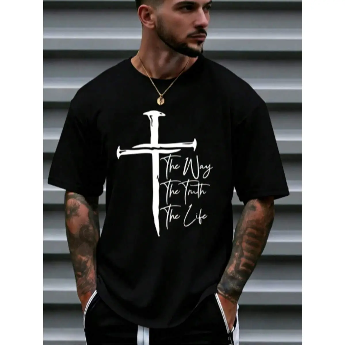 Men's Christian Graphic T-Shirt, Soft Cotton The Way The Truth The Life Cross Tee, Short Sleeve Regular Fit Religious Top, Tshirt, Christian Style, Round Neck, Red Graphic Tees, Cross Print, Shortsleeve, Fabric, Do Not Dry Clean, Clothes, None