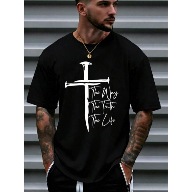 Men's Christian Short-Sleeve Shirt - Soft Cotton Faith-Based Top with "The Way The Truth The Life" Cross Print, Round Neck, Regular Fit, Red, Not for Dry Cleaning, The Way Message