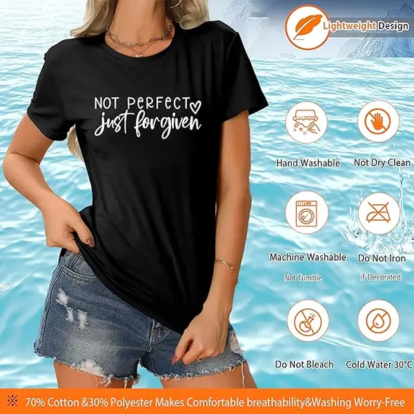 Not Perfect Just Forgiven Christian T-Shirt – Faith Graphic Tee with Heart Print for Women, Church & Casual Wear, Easter Gift Top Womenswear