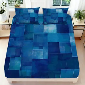 2/3 Pcs 2D Flat Blue Square Pattern Fitted Sheet Set Modern Stylish Bedding Set Quilt Cover 1 Fitted Sheet + 1/2 Pillowcases Contemporary Top Sheet Decorative Bedding Bedroom Decor