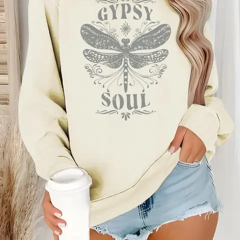 Women's Dragonfly & Letter Graphic Print Crew-Neck Sweatshirt, Casual Loose Long-Sleeve Pullover for Fall & Winter Daily Wear