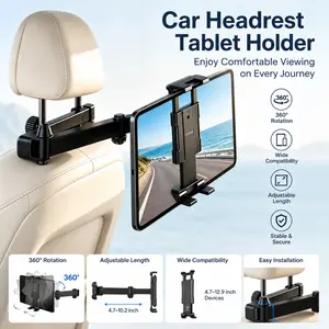 Car Headrest Phone and Tablet Holder with Extension Arm, 360° Rotating Backseat Mount Fits iPad, iPhone, Samsung 4.7-12.9 Inch Devices for Kids, Travel & Backseat Entertainment